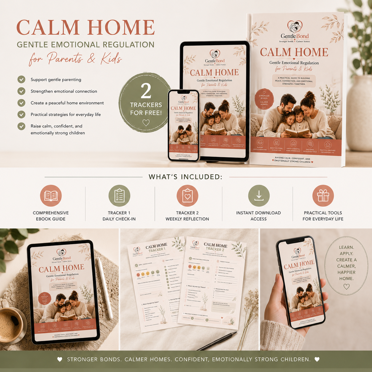 CALM HOME gentle parenting ebook for emotional regulation, calm parenting routines, parenting burnout support, and peaceful family connection with 2 free printable trackers.