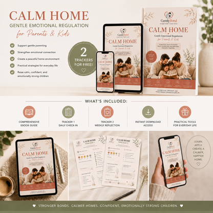 CALM HOME gentle parenting ebook for emotional regulation, calm parenting routines, parenting burnout support, and peaceful family connection with 2 free printable trackers.
