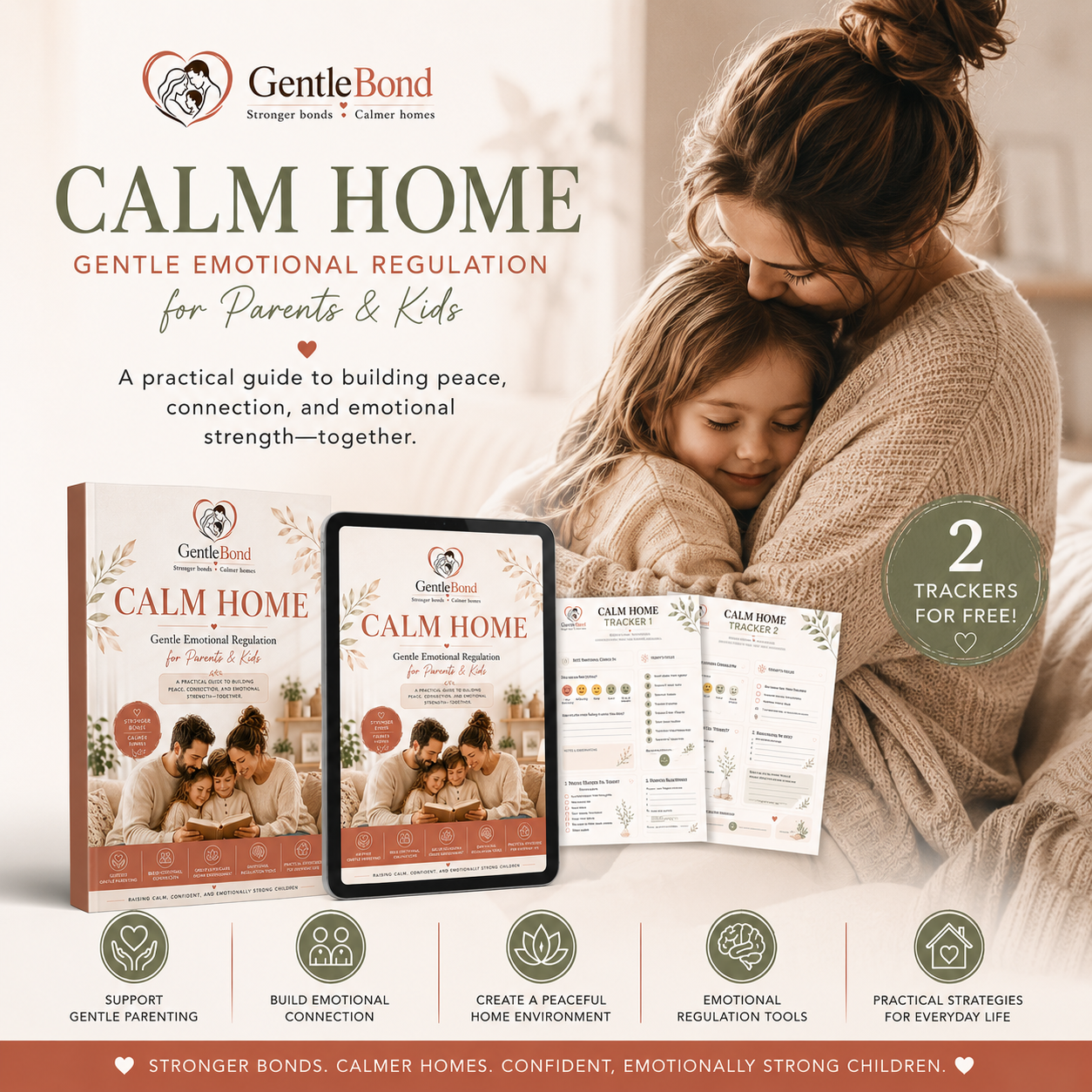 CALM HOME gentle parenting ebook for emotional regulation, calm parenting routines, parenting burnout support, and peaceful family connection with 2 free printable trackers.

